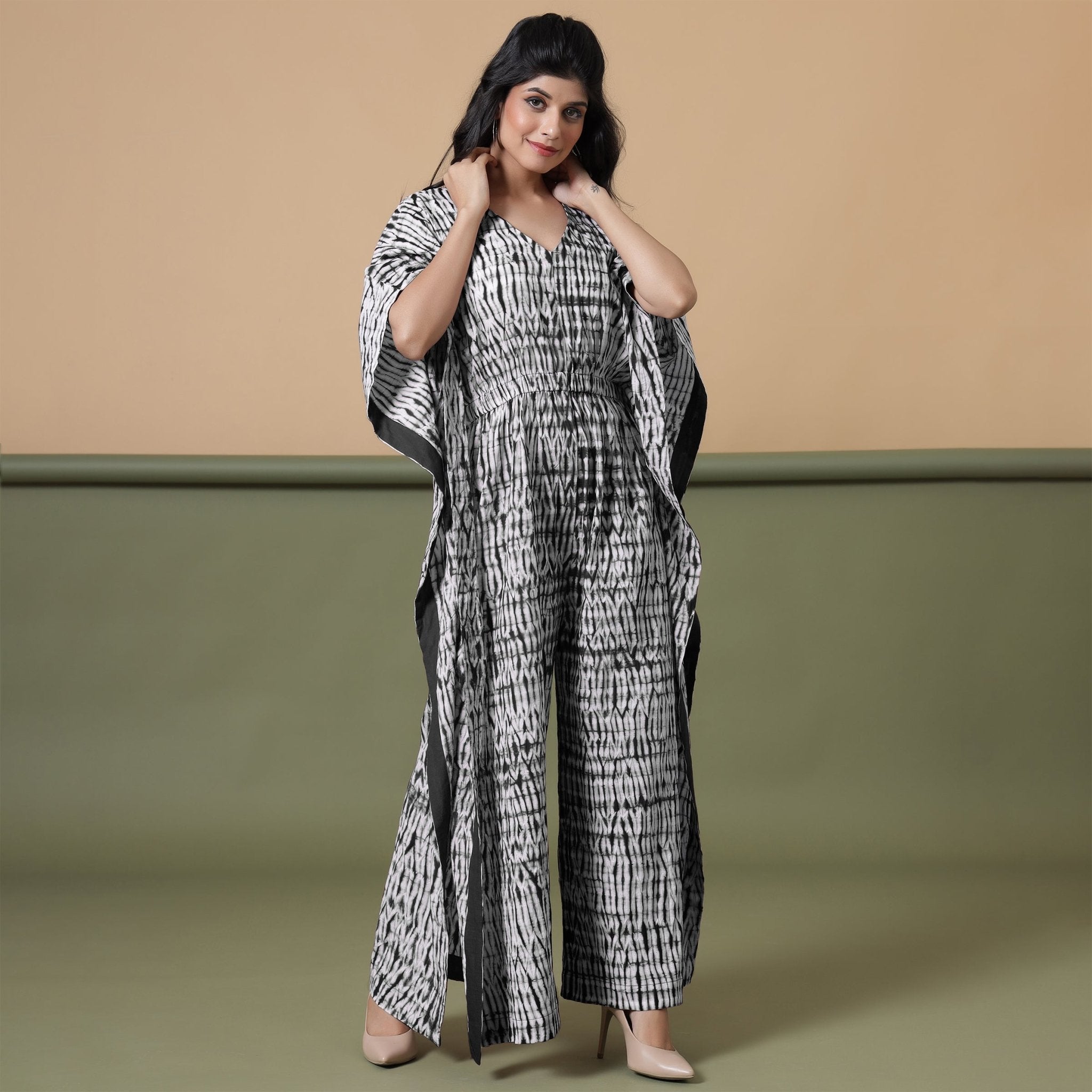 Black Tie-Dye Kimono Sleeves Cotton Kaftan Jumpsuit