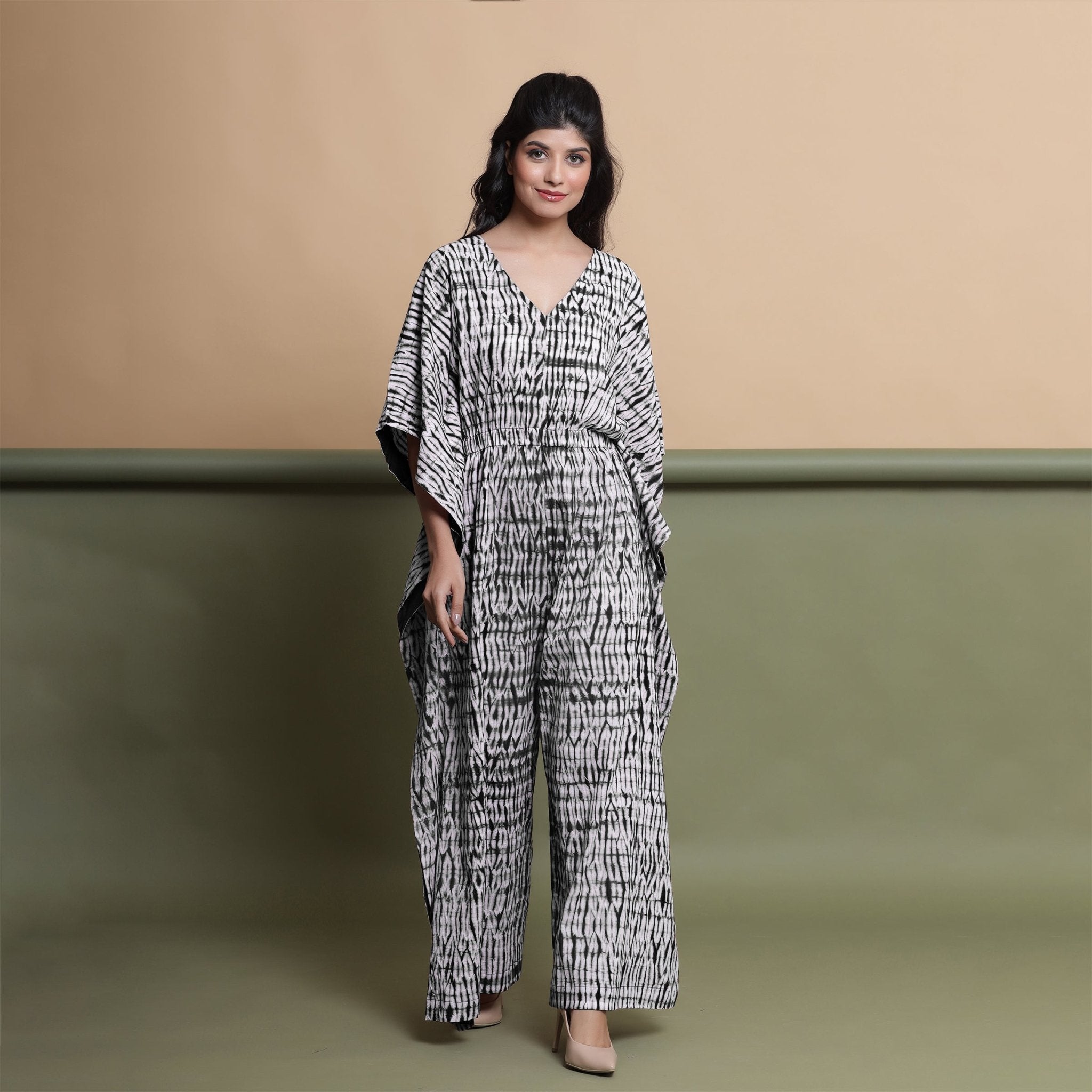Black Tie-Dye Kimono Sleeves Cotton Kaftan Jumpsuit