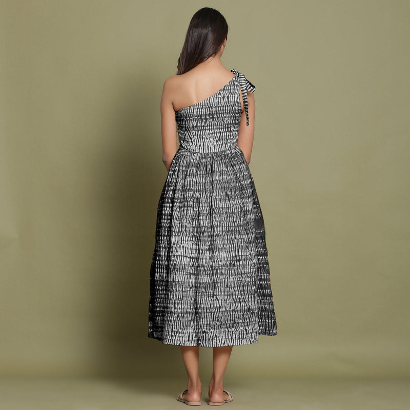 Black Tie-Dye One-Shoulder Cotton Midi Dress