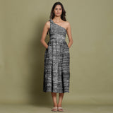 Black Tie-Dye One-Shoulder Cotton Midi Dress