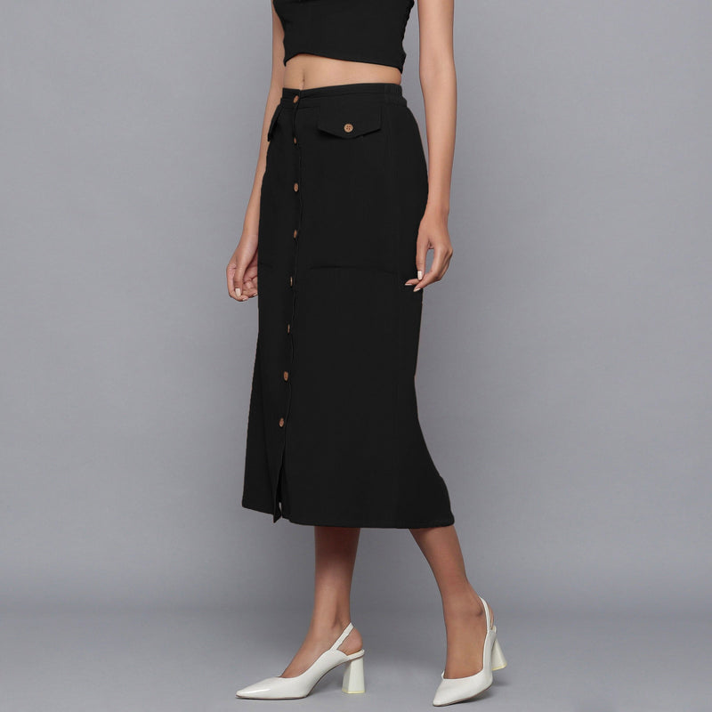 Black Warm Cotton Corduroy Button-Down Midi Skirt