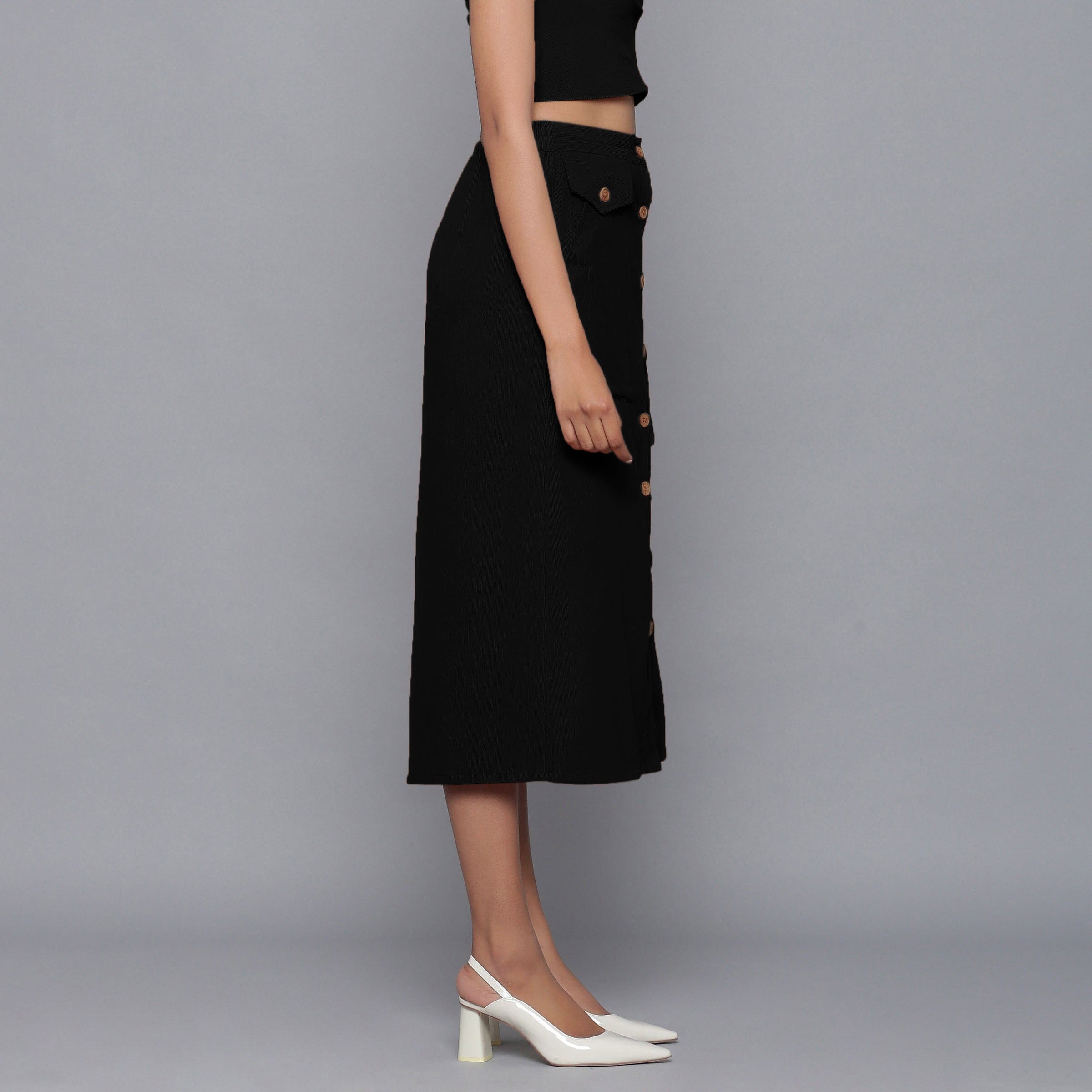 Black Warm Cotton Corduroy Button-Down Midi Skirt