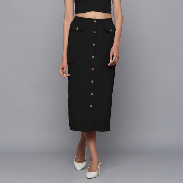 Black Warm Cotton Corduroy Button-Down Midi Skirt