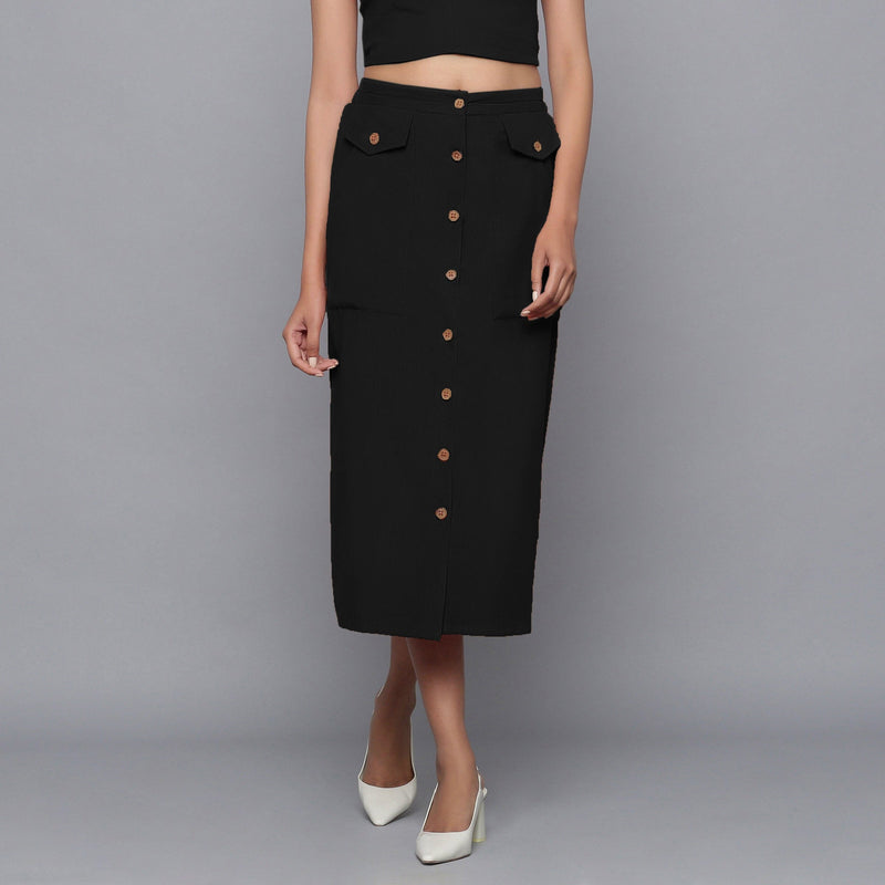 Black Warm Cotton Corduroy Button-Down Midi Skirt