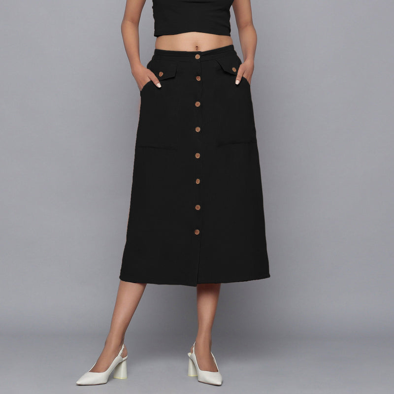 Black Warm Cotton Corduroy Button-Down Midi Skirt