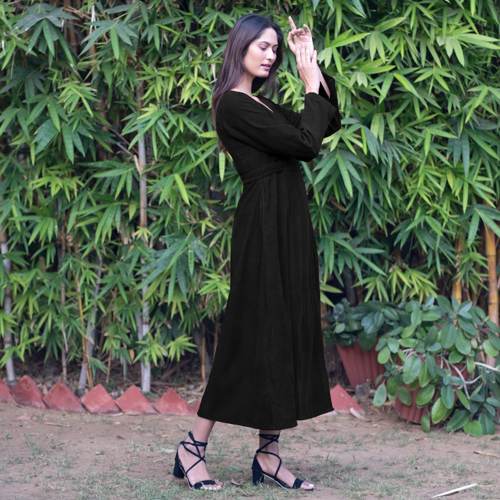 Black Warm Cotton Corduroy Deep Neck Midi Wrap Dress