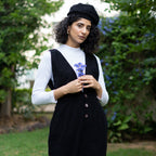 Black Warm Cotton Corduroy Deep Neck Pinafore Jumpsuit