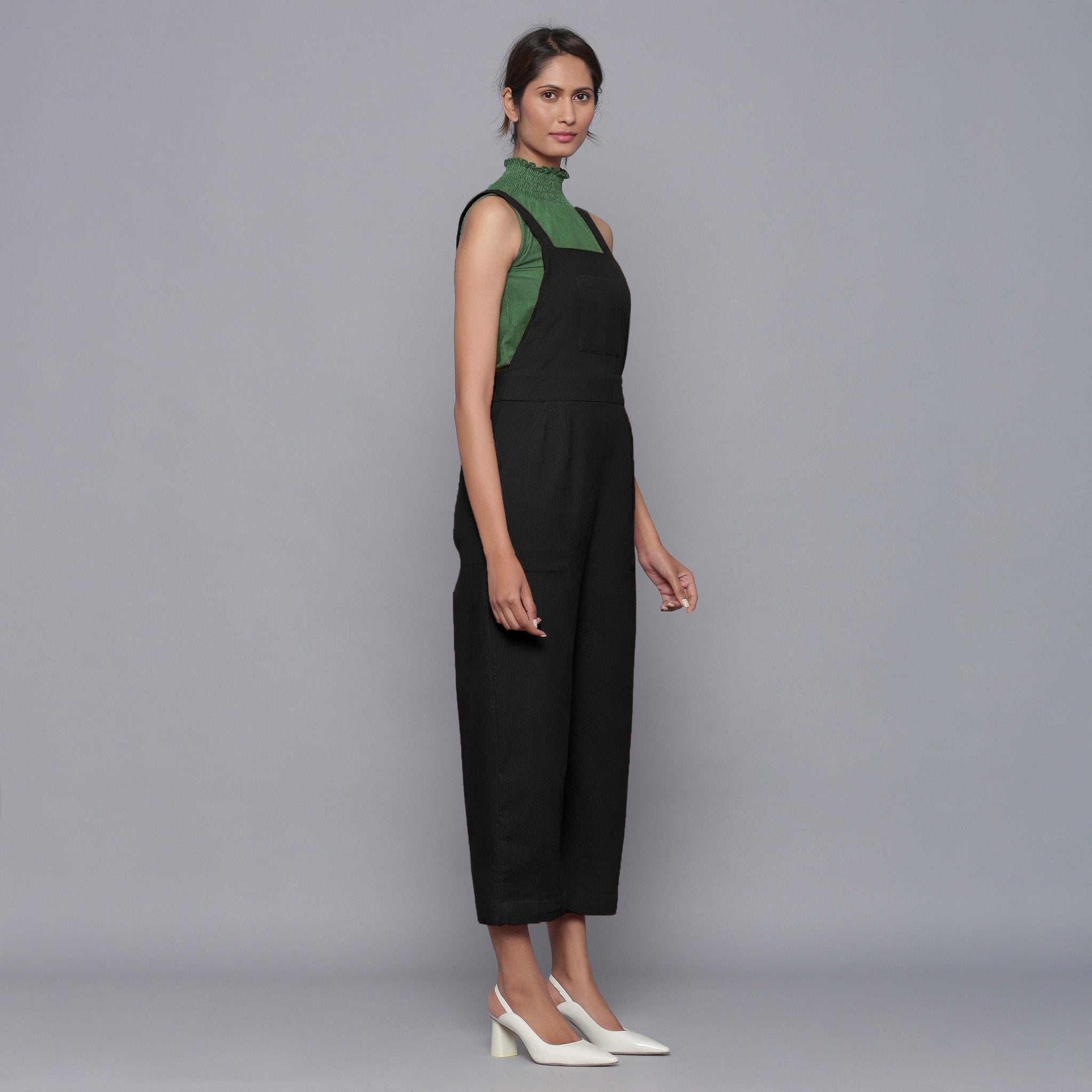 Black Warm Cotton Corduroy Dungaree Jumpsuit