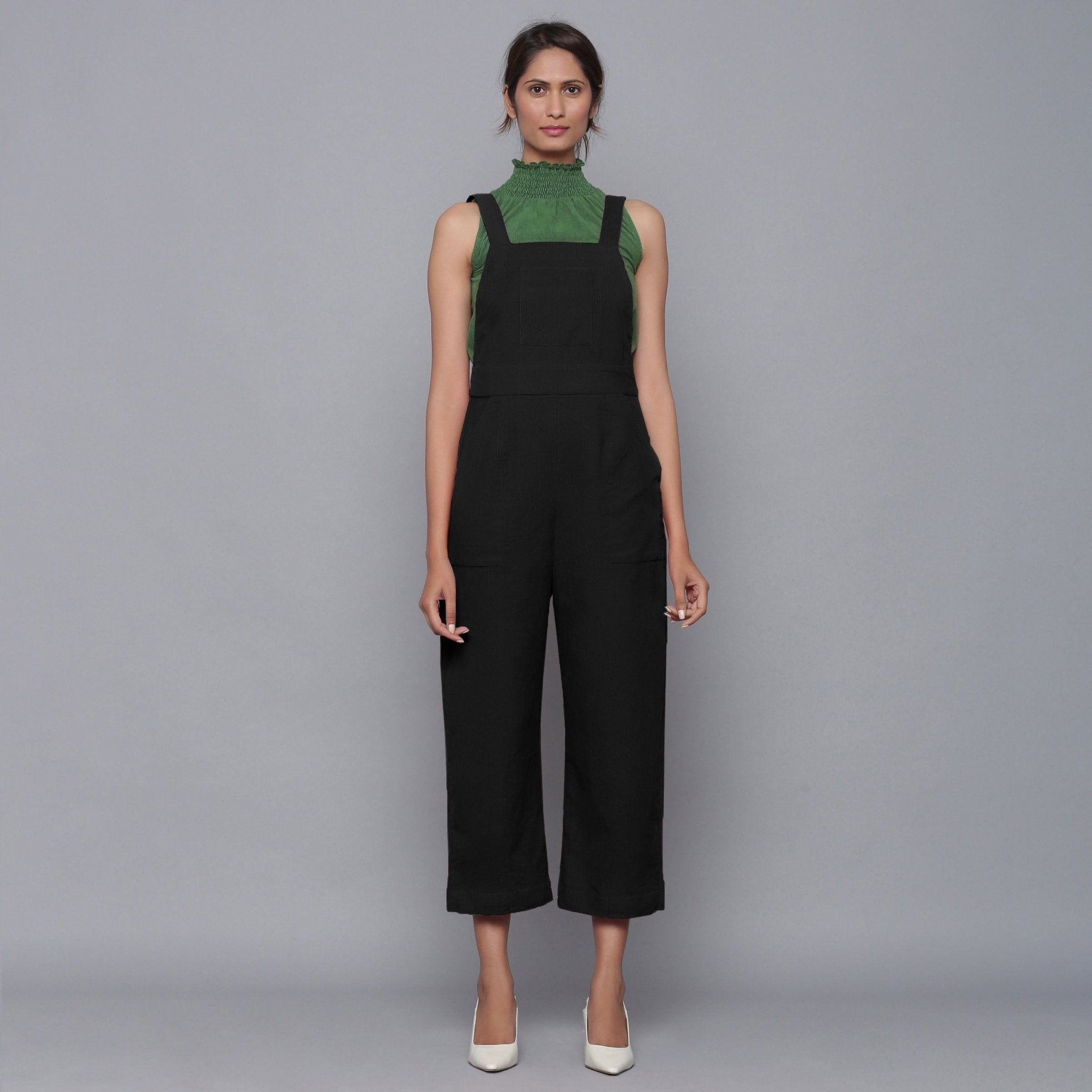 Black Warm Cotton Corduroy Dungaree Jumpsuit