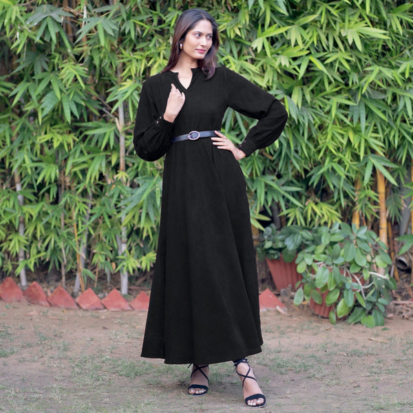 Black Warm Cotton Corduroy Fit and Flare Maxi Dress