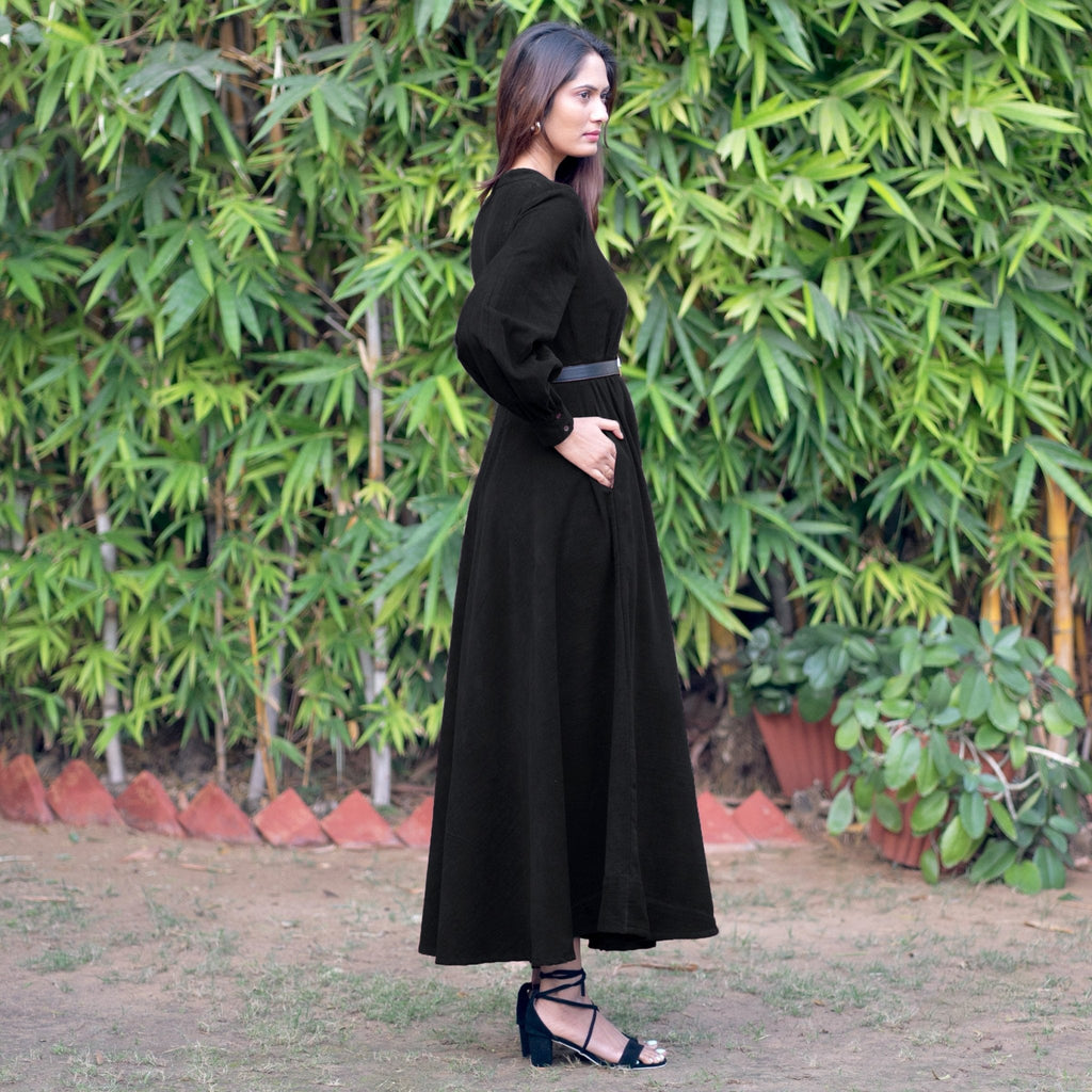 Black Warm Cotton Corduroy Fit and Flare Maxi Dress