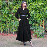 Black Warm Cotton Corduroy Fit and Flare Maxi Dress