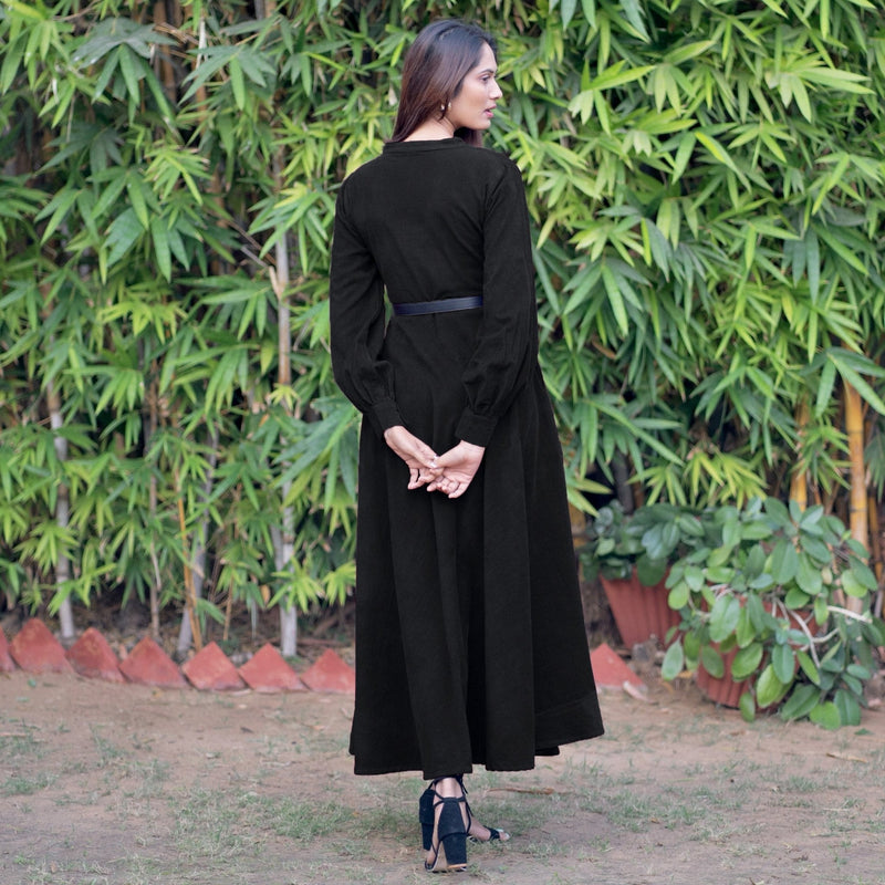 Black Warm Cotton Corduroy Fit and Flare Maxi Dress