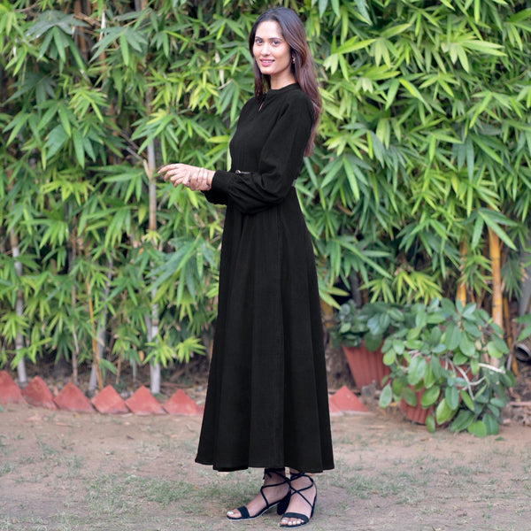 Black Warm Cotton Corduroy Fit and Flare Maxi Dress