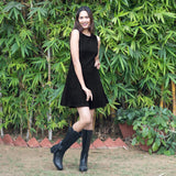 Black Warm Cotton Corduroy Fit and Flare Sleeveless Short Dress