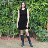 Black Warm Cotton Corduroy Fit and Flare Sleeveless Short Dress