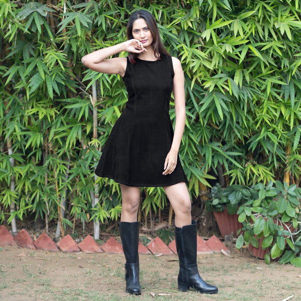 Black Warm Cotton Corduroy Fit and Flare Sleeveless Short Dress