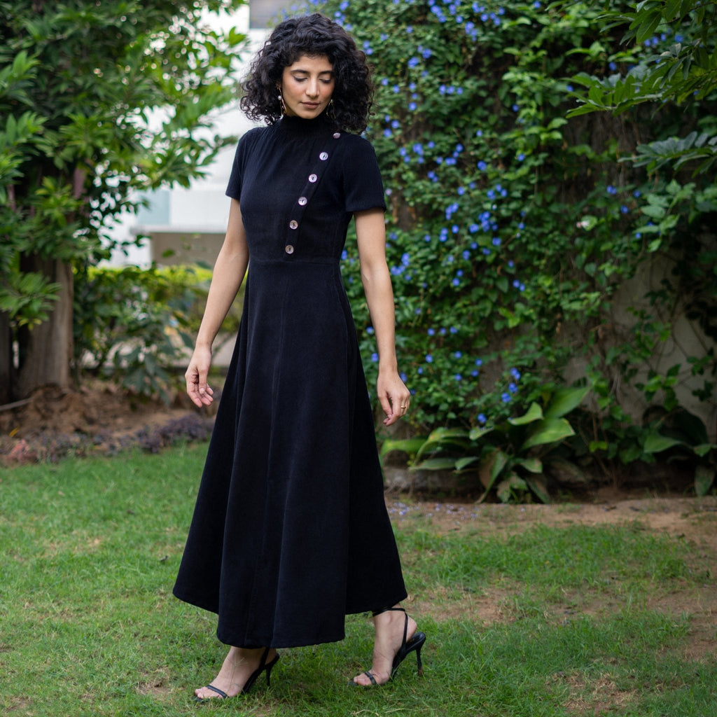 Moonlight Black Warm Cotton Corduroy High-Neck Slit Dress