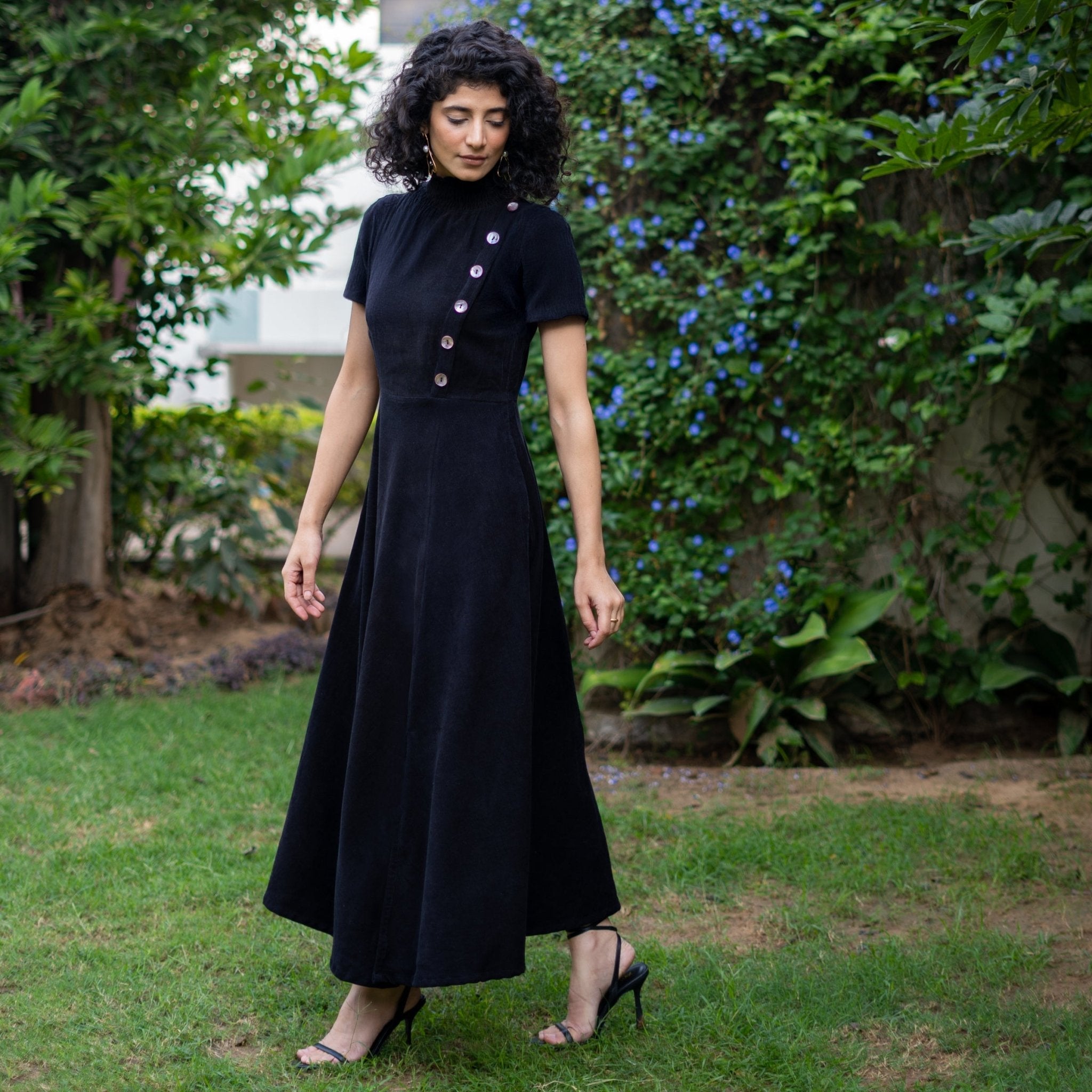 Moonlight Black Warm Cotton Corduroy High-Neck Slit Dress
