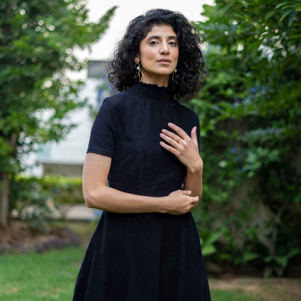 Moonlight Black Warm Cotton Corduroy High-Neck Slit Dress