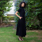 Moonlight Black Warm Cotton Corduroy High-Neck Slit Dress