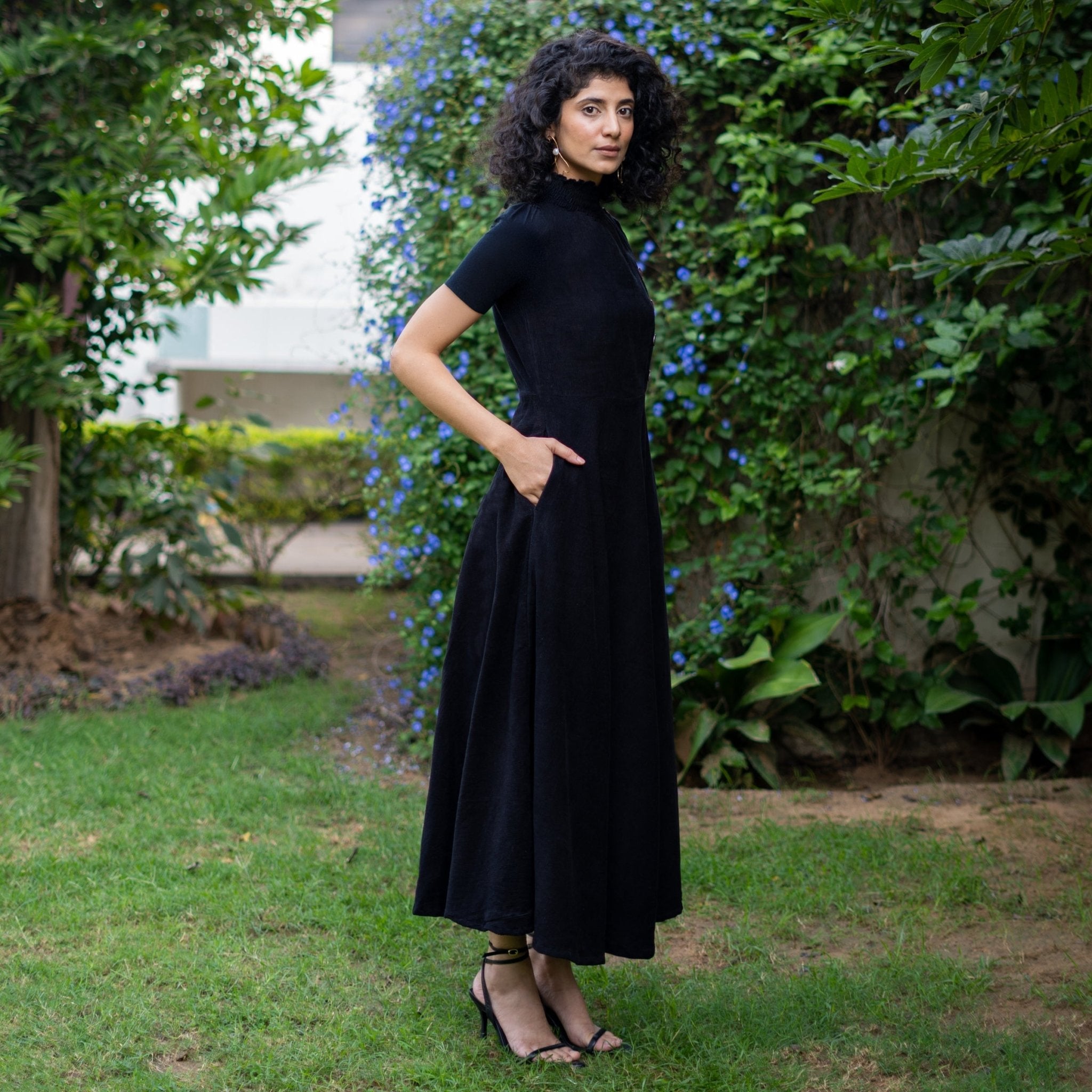 Moonlight Black Warm Cotton Corduroy High-Neck Slit Dress