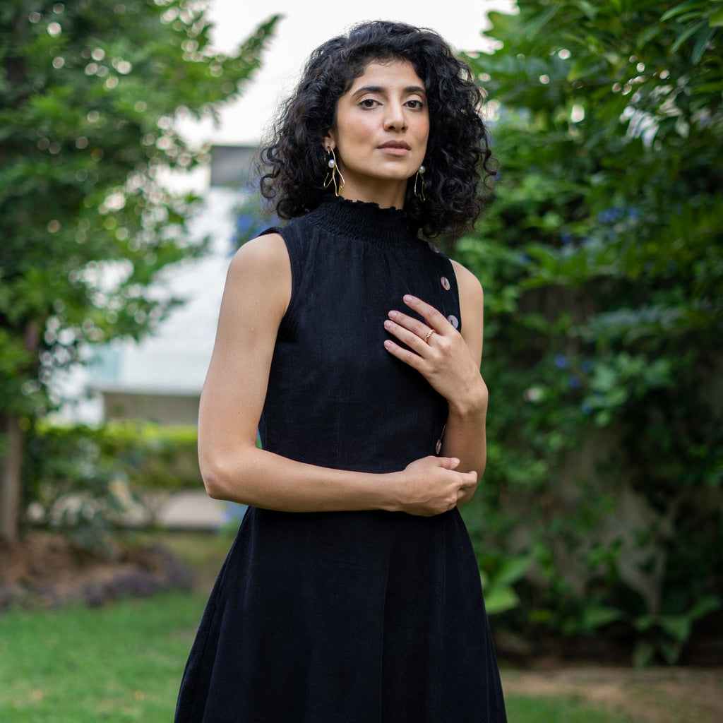 Black Warm Cotton Corduroy High-Neck Sleeveless Slit Dress