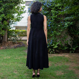 Black Warm Cotton Corduroy High-Neck Sleeveless Slit Dress