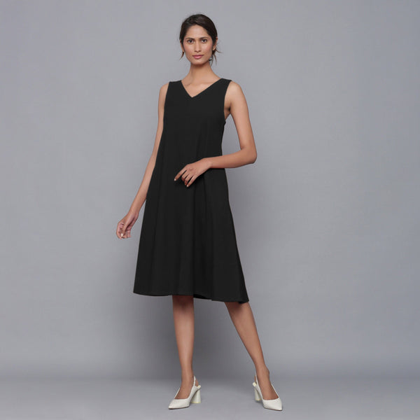 Black Warm Cotton Corduroy Knee Length Flared Dress