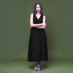 Black Warm Cotton Corduroy Sleeveless Midi Wrap Dress