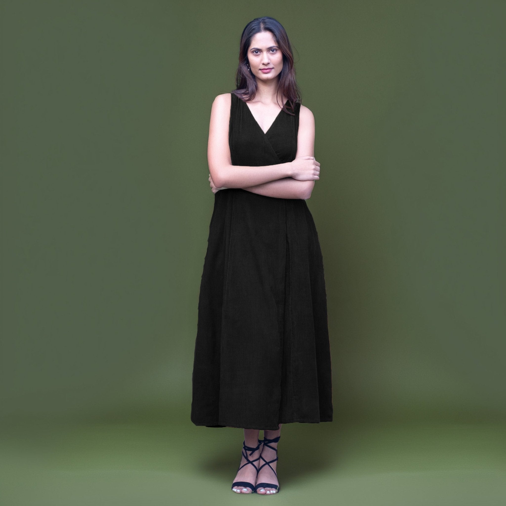 Black Warm Cotton Corduroy Sleeveless Midi Wrap Dress