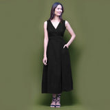 Black Warm Cotton Corduroy Sleeveless Midi Wrap Dress