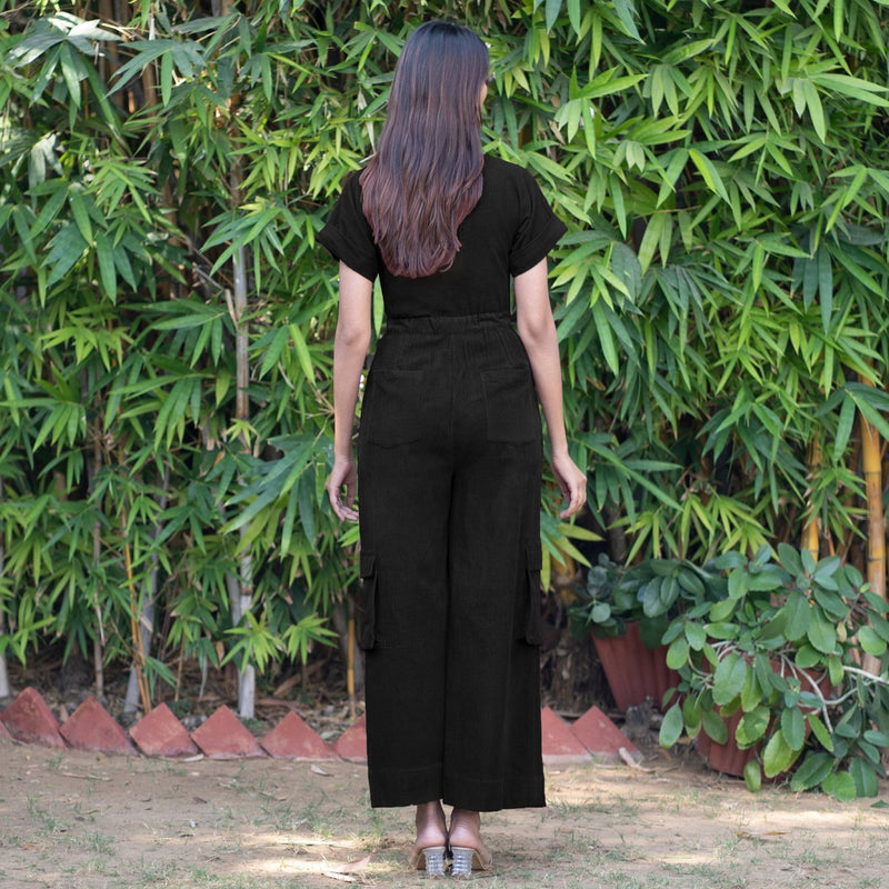 Black Warm Cotton Corduroy Wide Legged Wrap Cargo Jumpsuit