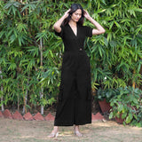 Black Warm Cotton Corduroy Wide Legged Wrap Cargo Jumpsuit