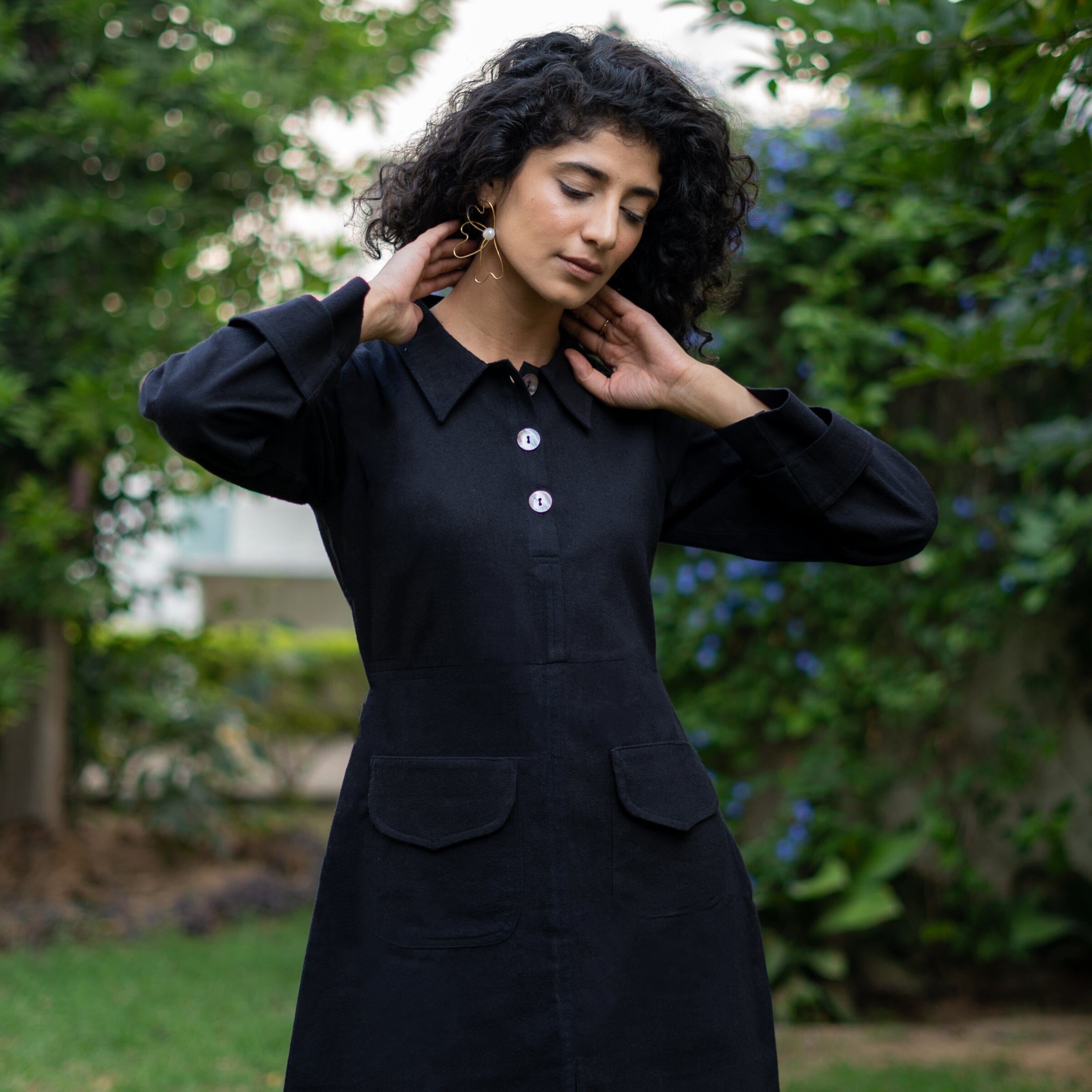 Black Warm Cotton Flannel A-Line Full Sleeve Short Dress