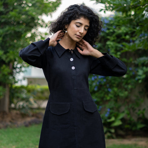 Black Warm Cotton Flannel A-Line Short Slit Dress