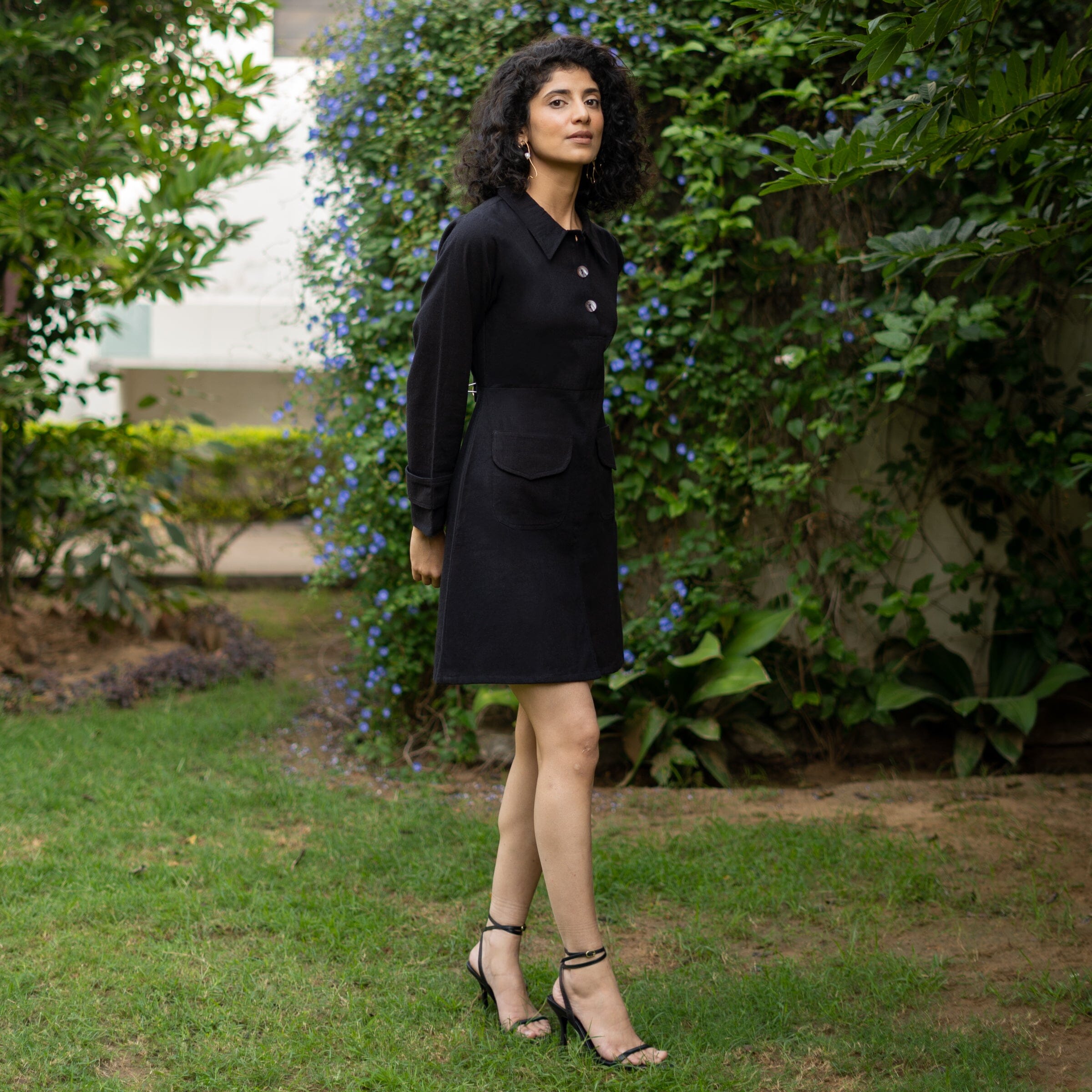 Black Warm Cotton Flannel A-Line Full Sleeve Short Dress