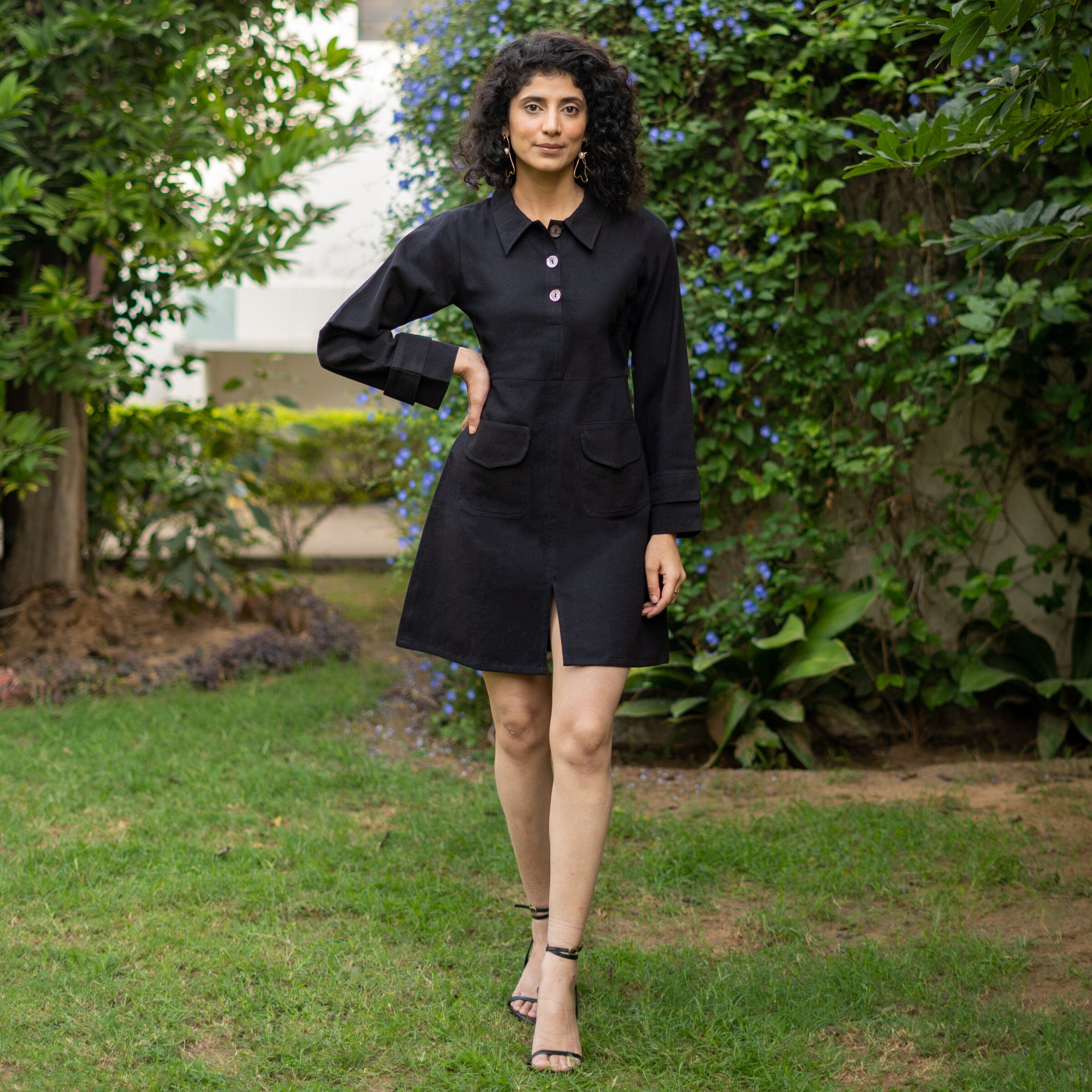 Black Warm Cotton Flannel A-Line Full Sleeve Short Dress