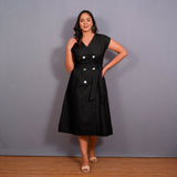 Black Warm Cotton Flannel Button-Down A-Line Midi Dress