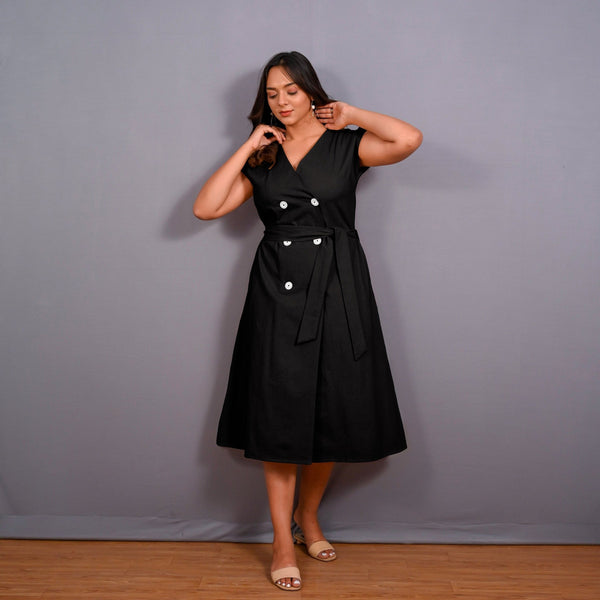 Black Warm Cotton Flannel Button-Down A-Line Midi Dress