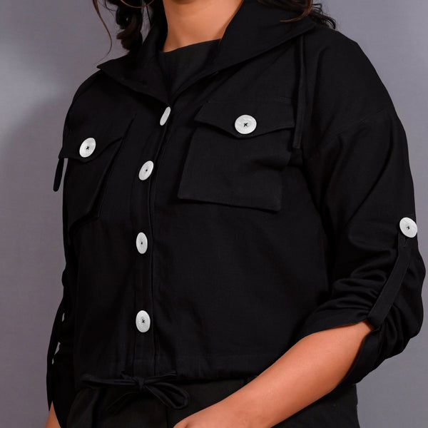 Black Warm Cotton Flannel Button-Down Shacket