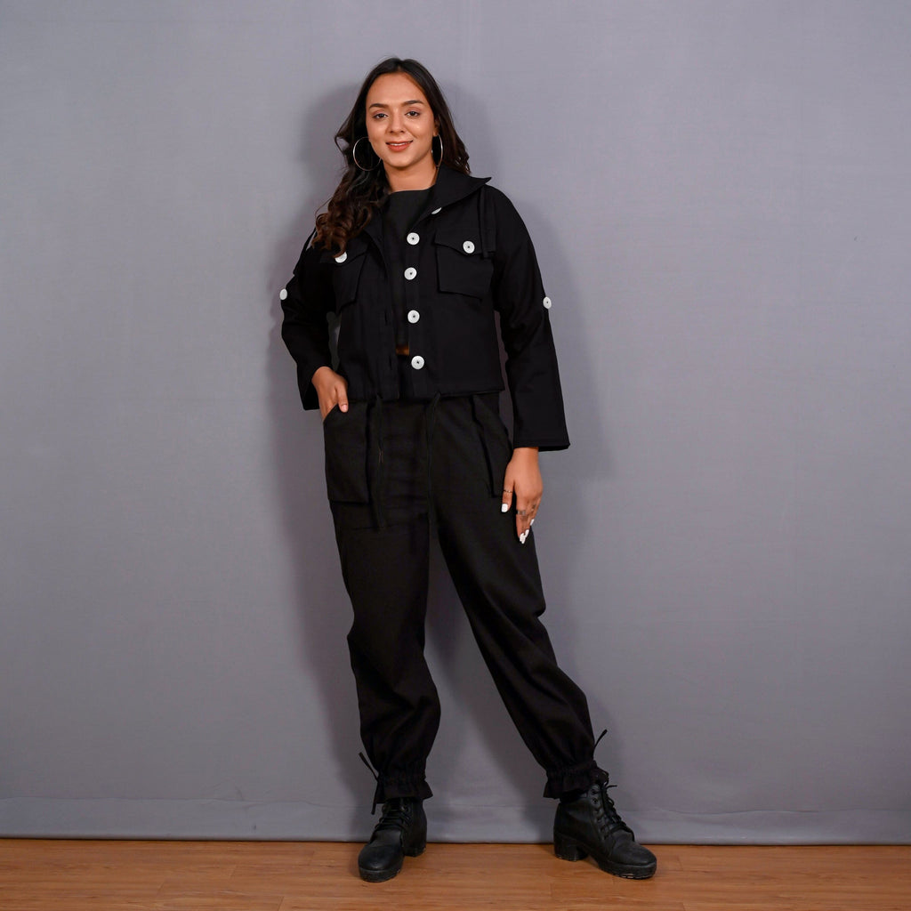 Black Warm Cotton Flannel Button-Down Shacket