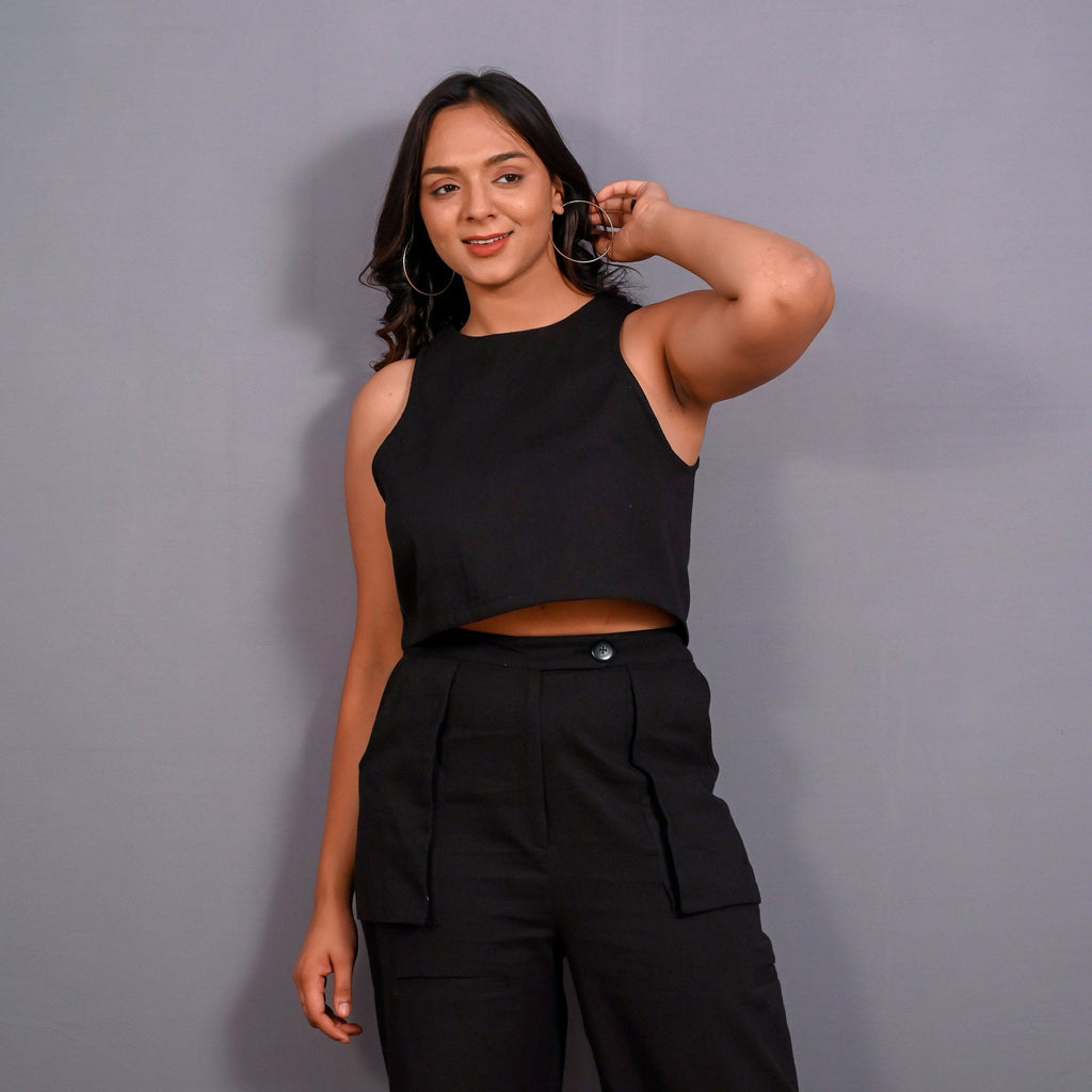 Front View of a Model wearing Black Warm Cotton Flannel Cropped Tank Top