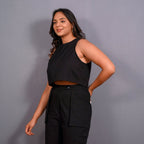 Left View of a Model wearing Black Warm Cotton Flannel Cropped Tank Top
