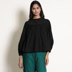 Black Warm Cotton Flannel Frilled Gathered Yoke Top