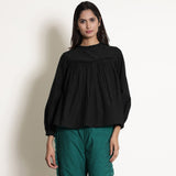 Black Warm Cotton Flannel Frilled Gathered Yoke Top