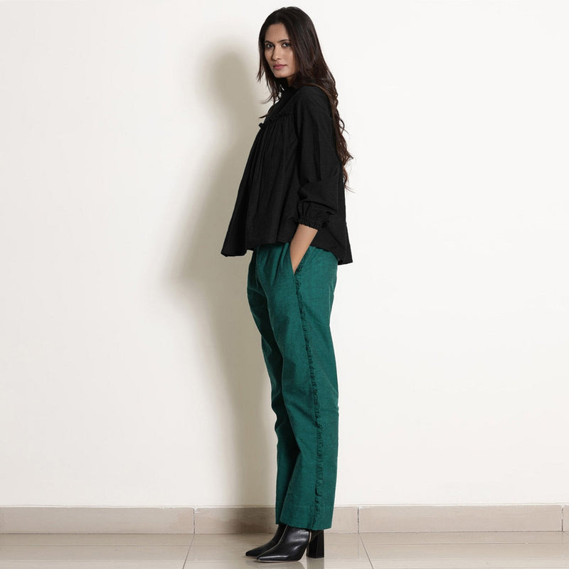 Black Warm Cotton Flannel Frilled Gathered Yoke Top