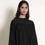 Black Warm Cotton Flannel Frilled Gathered Yoke Top