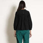Black Warm Cotton Flannel Frilled Gathered Yoke Top
