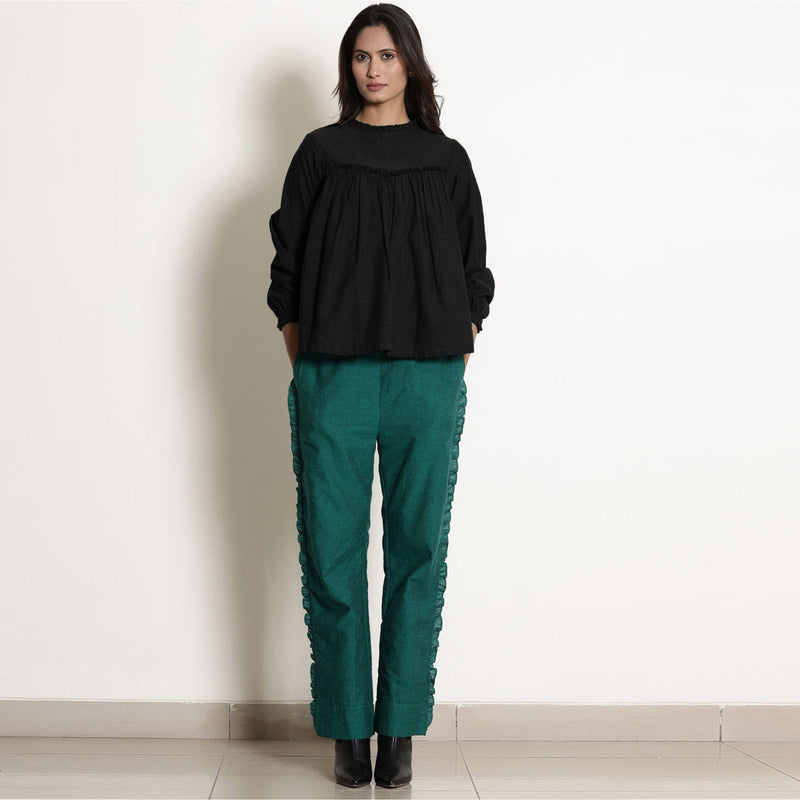 Black Warm Cotton Flannel Frilled Gathered Yoke Top